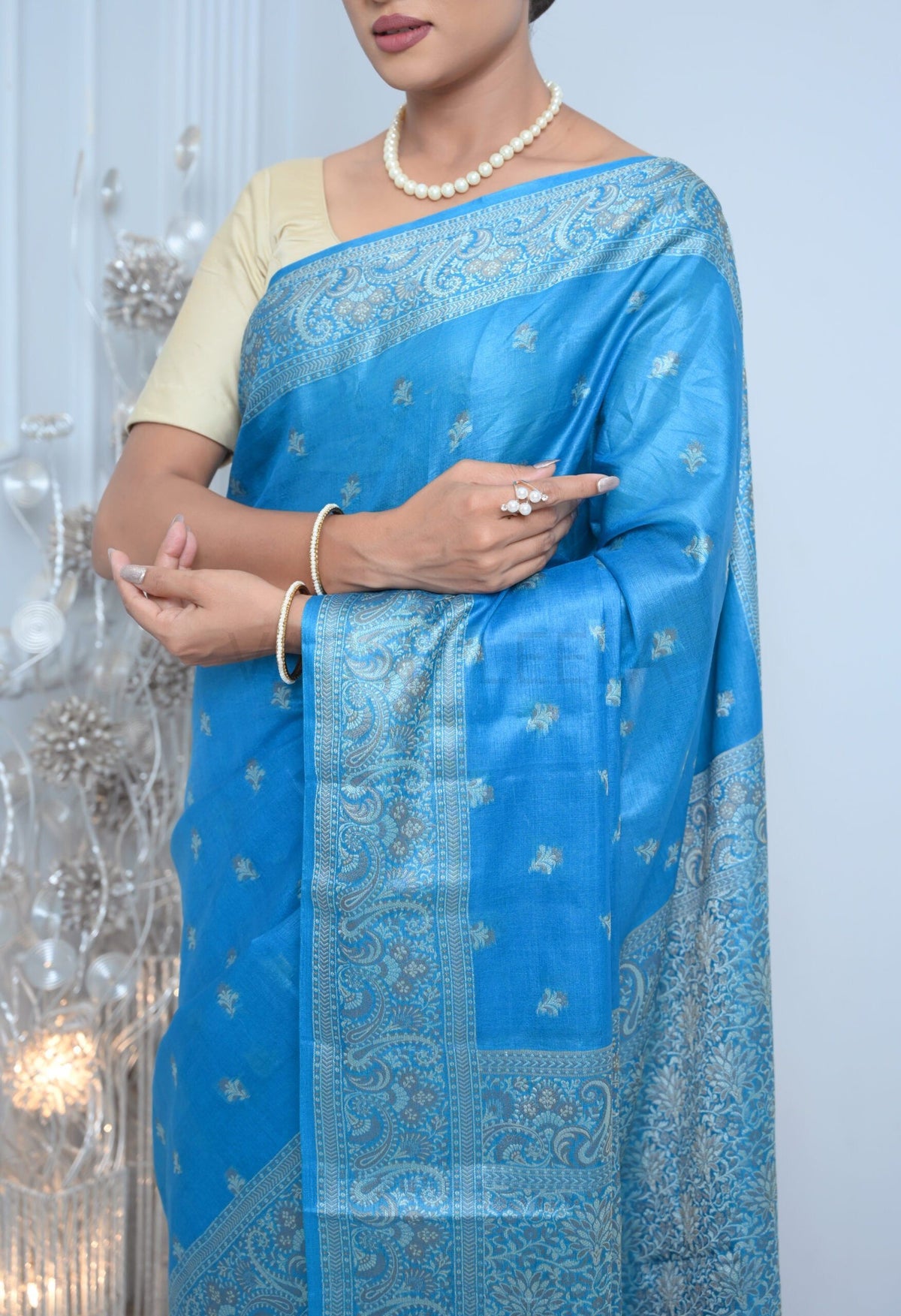 Sky Blue Meena Booty Handloom Pure Kosa Silk Saree