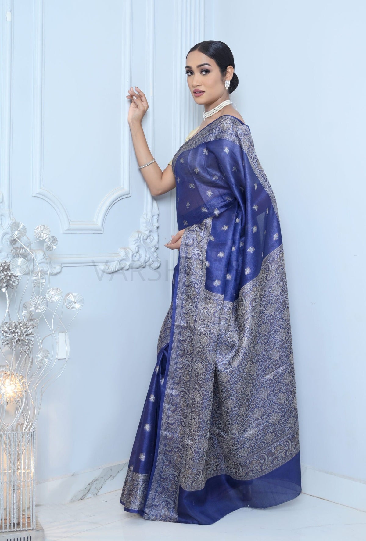 Royal Blue Meena Booty Handloom Pure Kosa Silk Saree