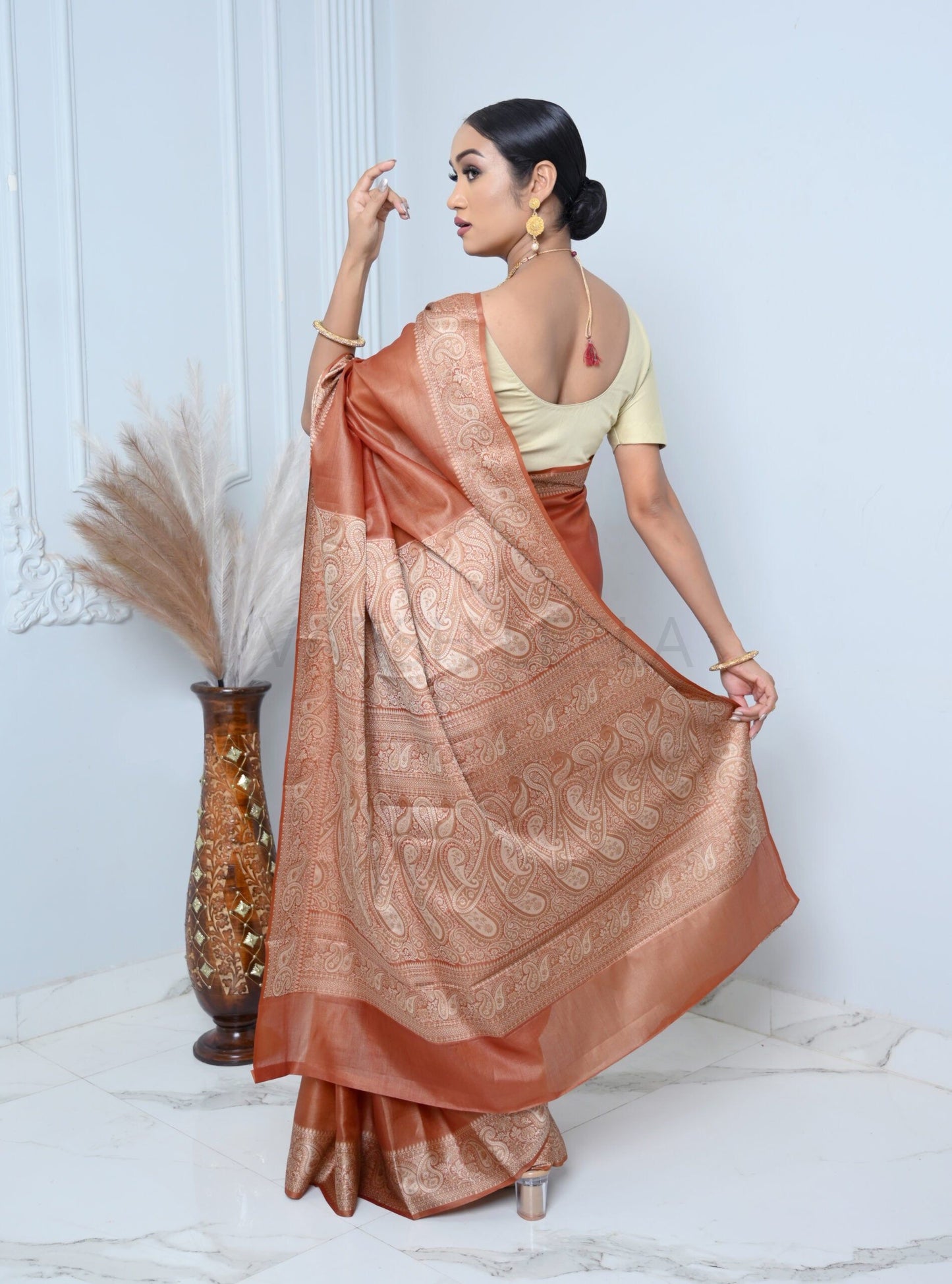 Brown Meena Plain Handloom Pure Kosa Silk Saree