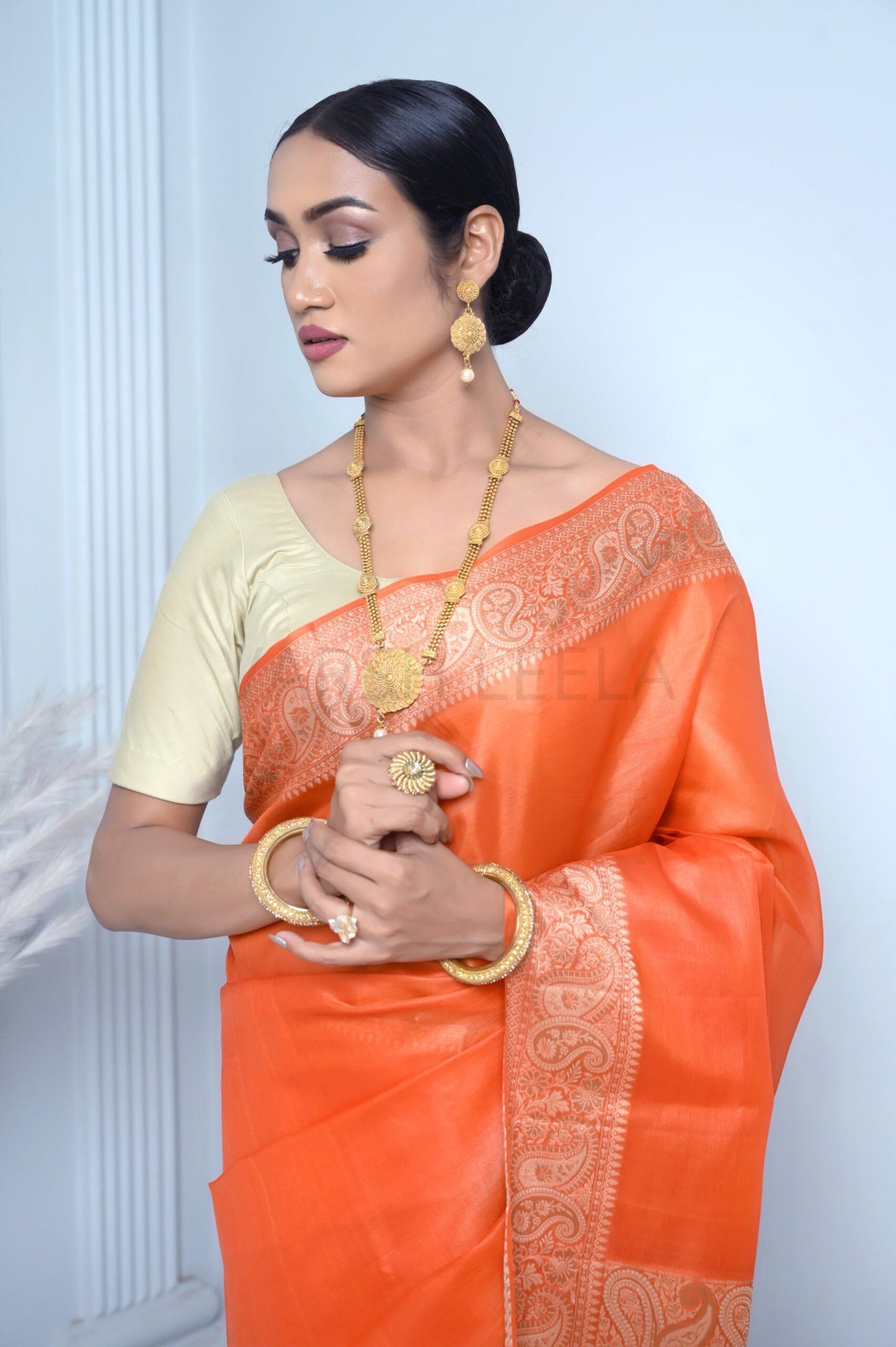 Orange Meena Plain Handloom Pure Kosa Silk Saree