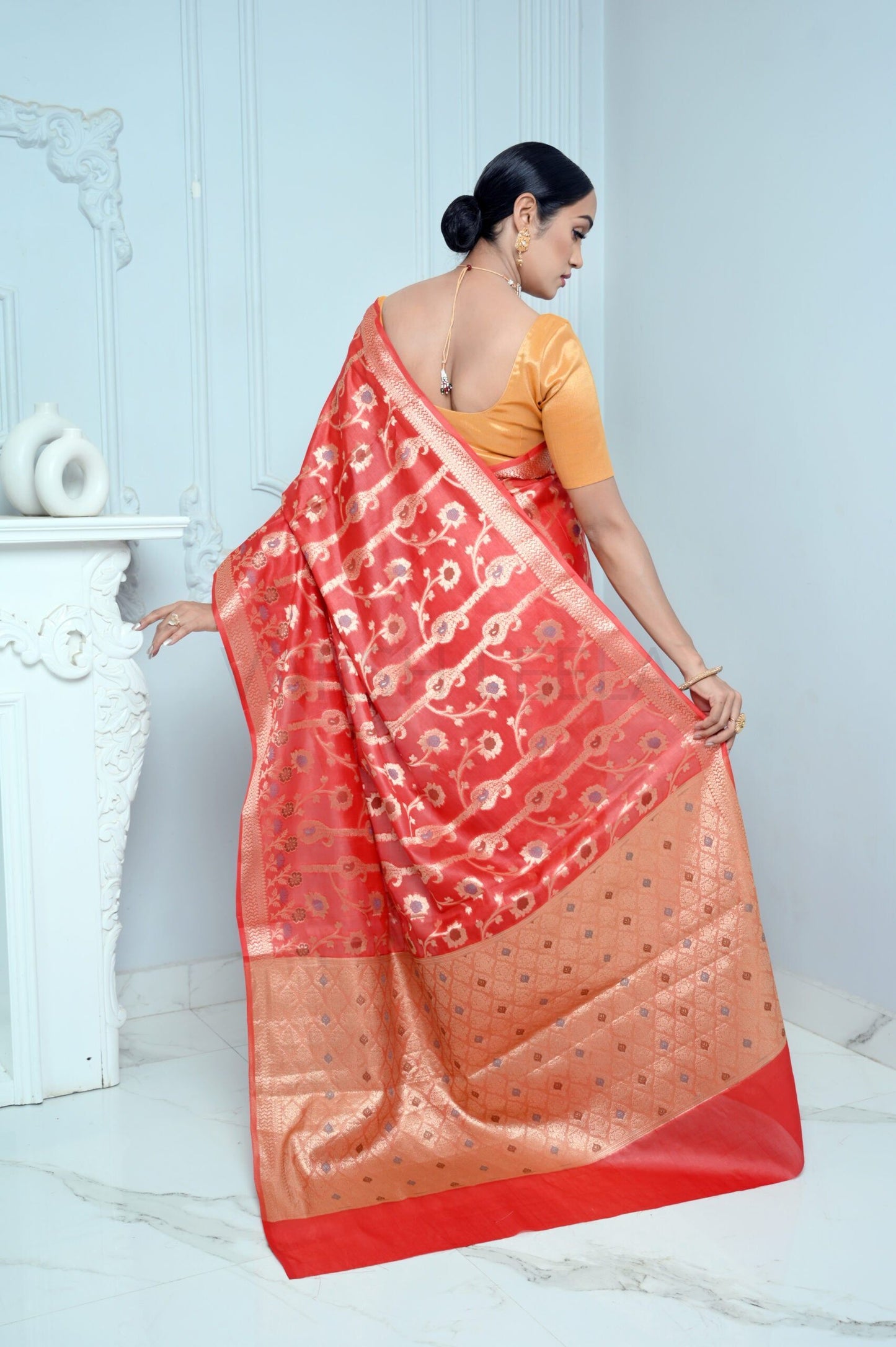 Bright Red Handloom Pure Kosa Silk Saree with Zari Work