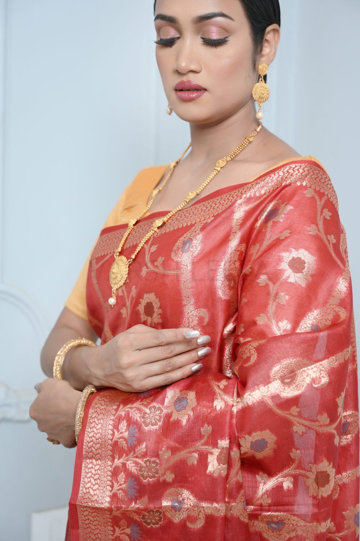 Dark Red Handloom Pure Kosa Silk Saree with Zari Work