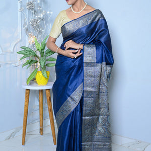 Royal Blue Meena Plain Handloom Pure Kosa Silk Saree