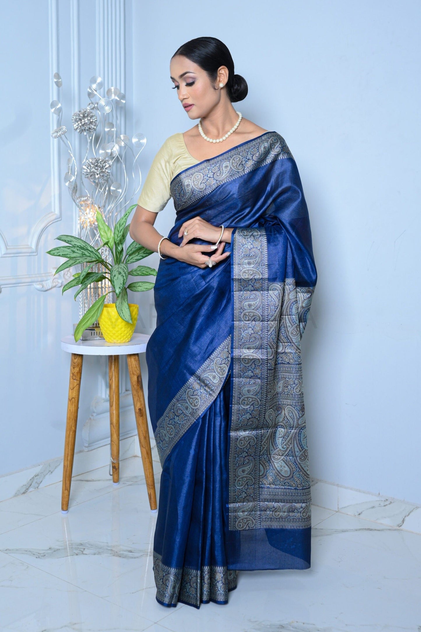 Royal Blue Meena Plain Handloom Pure Kosa Silk Saree