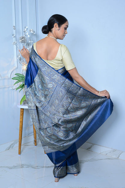 Royal Blue Meena Plain Handloom Pure Kosa Silk Saree
