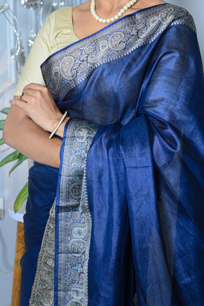 Royal Blue Meena Plain Handloom Pure Kosa Silk Saree