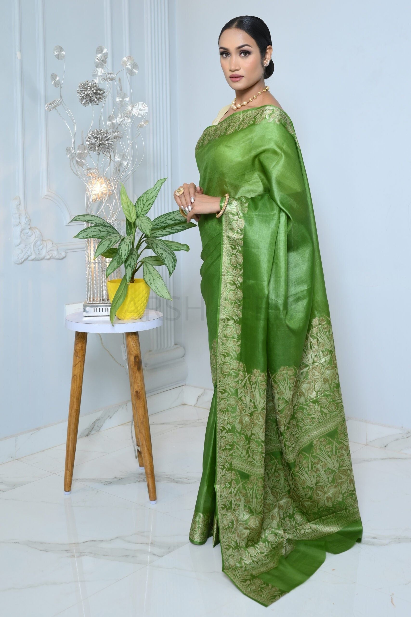 Green Meena Plain Handloom Pure Kosa Silk Saree