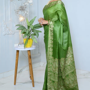 Green Meena Plain Handloom Pure Kosa Silk Saree
