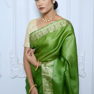 Green Meena Plain Handloom Pure Kosa Silk Saree
