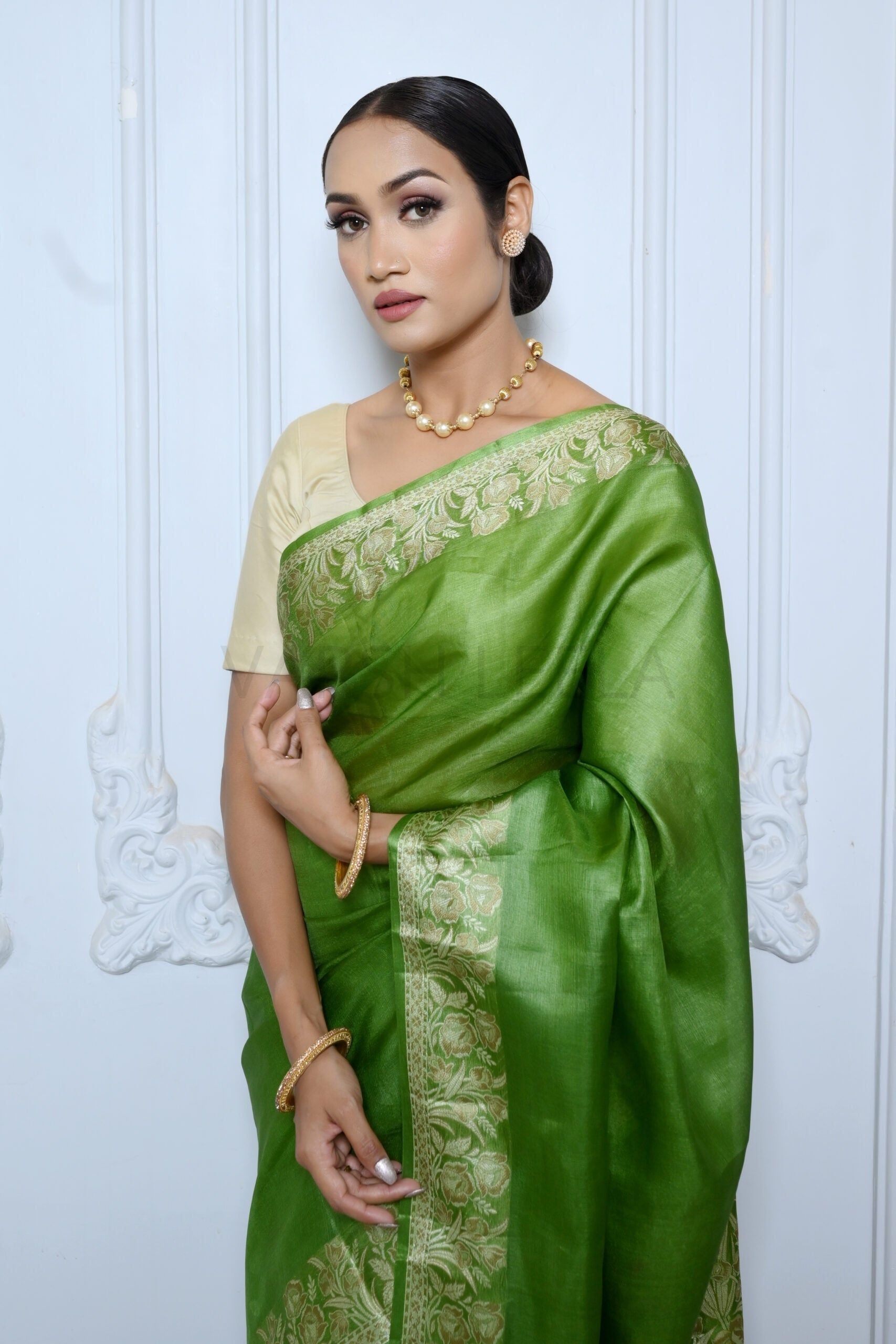Green Meena Plain Handloom Pure Kosa Silk Saree