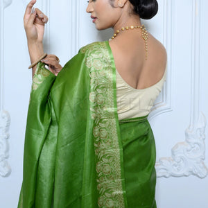 Green Meena Plain Handloom Pure Kosa Silk Saree