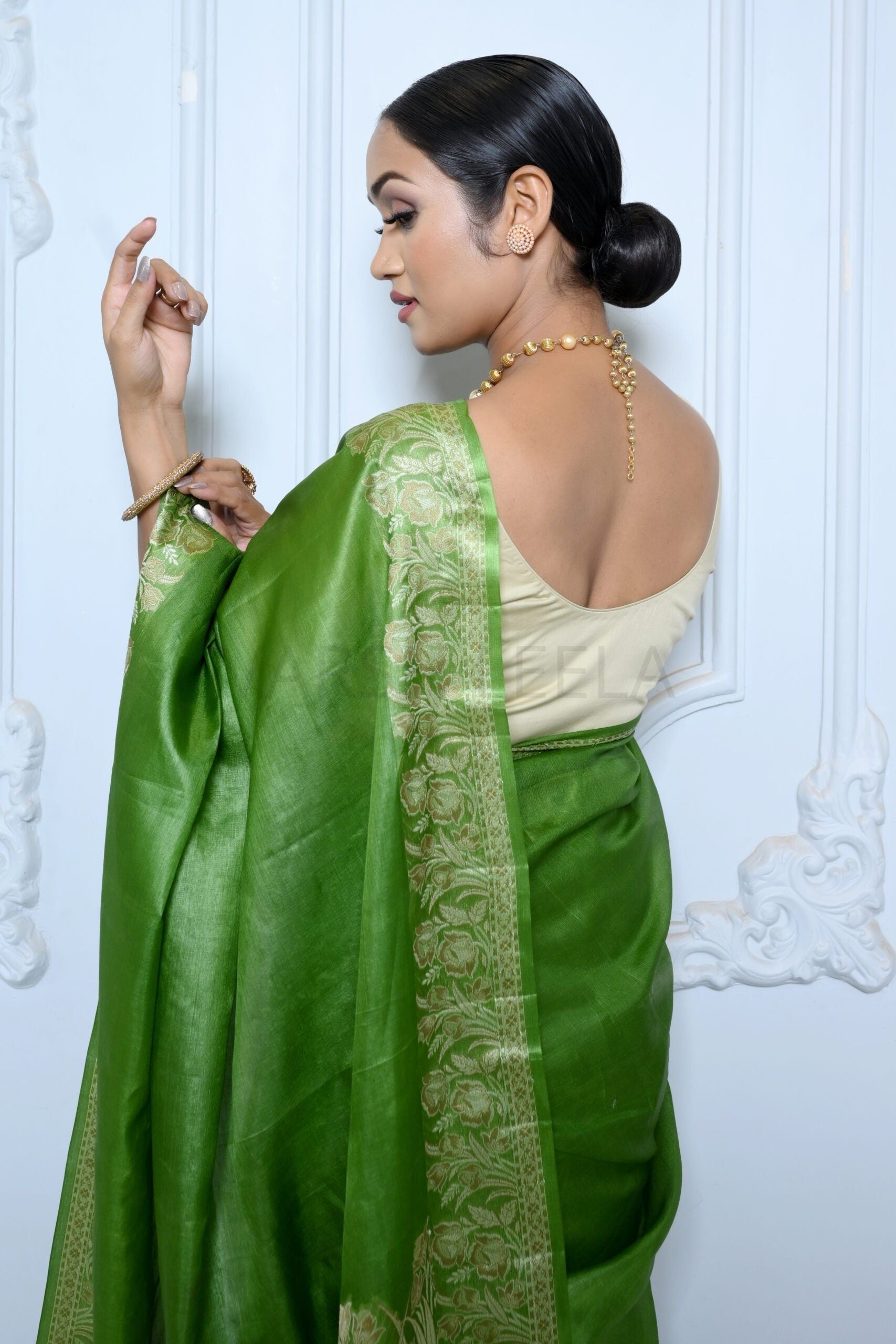 Green Meena Plain Handloom Pure Kosa Silk Saree