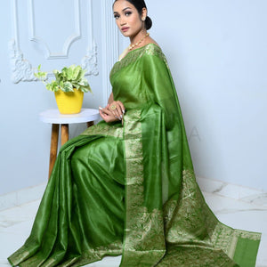 Green Meena Plain Handloom Pure Kosa Silk Saree