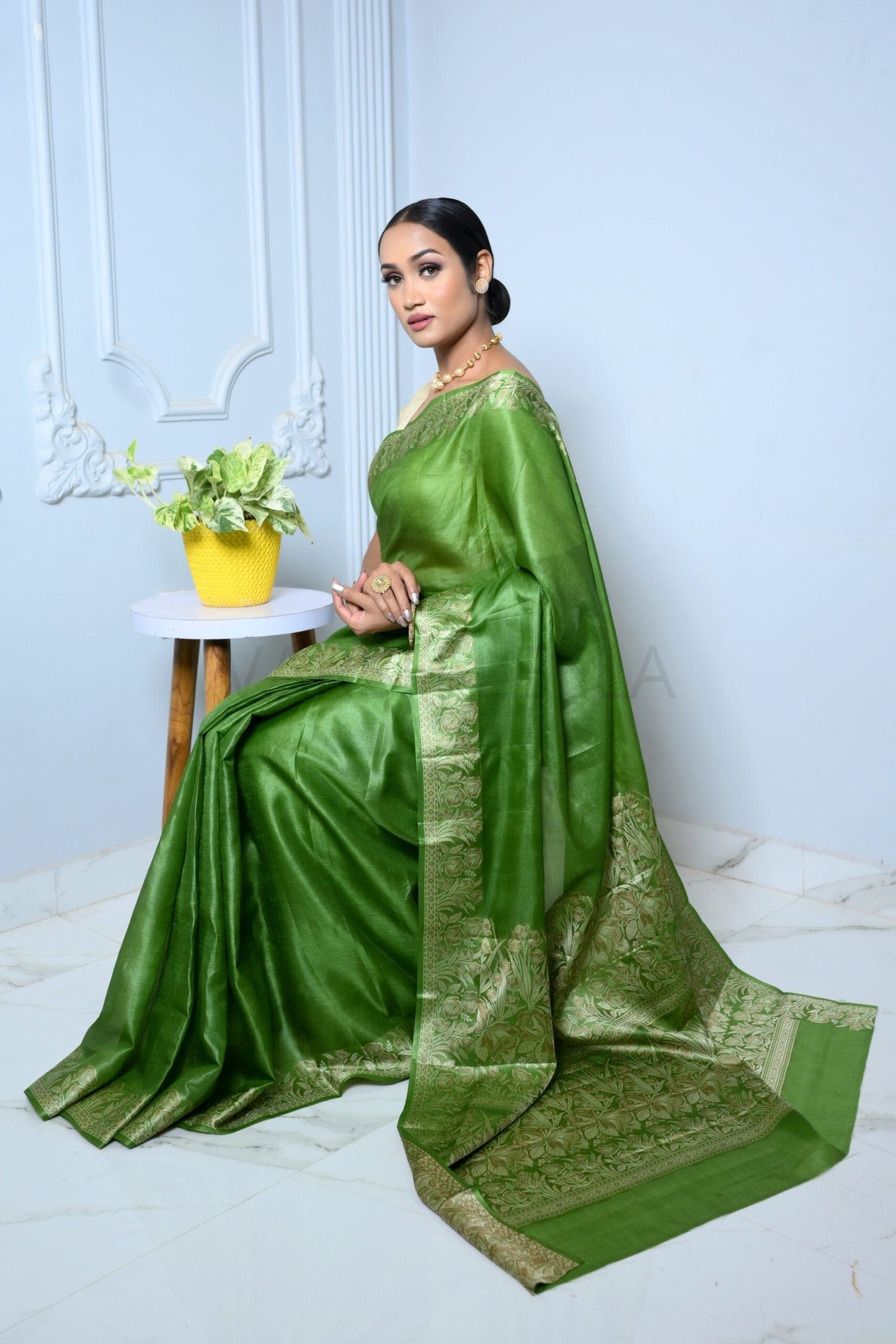 Green Meena Plain Handloom Pure Kosa Silk Saree