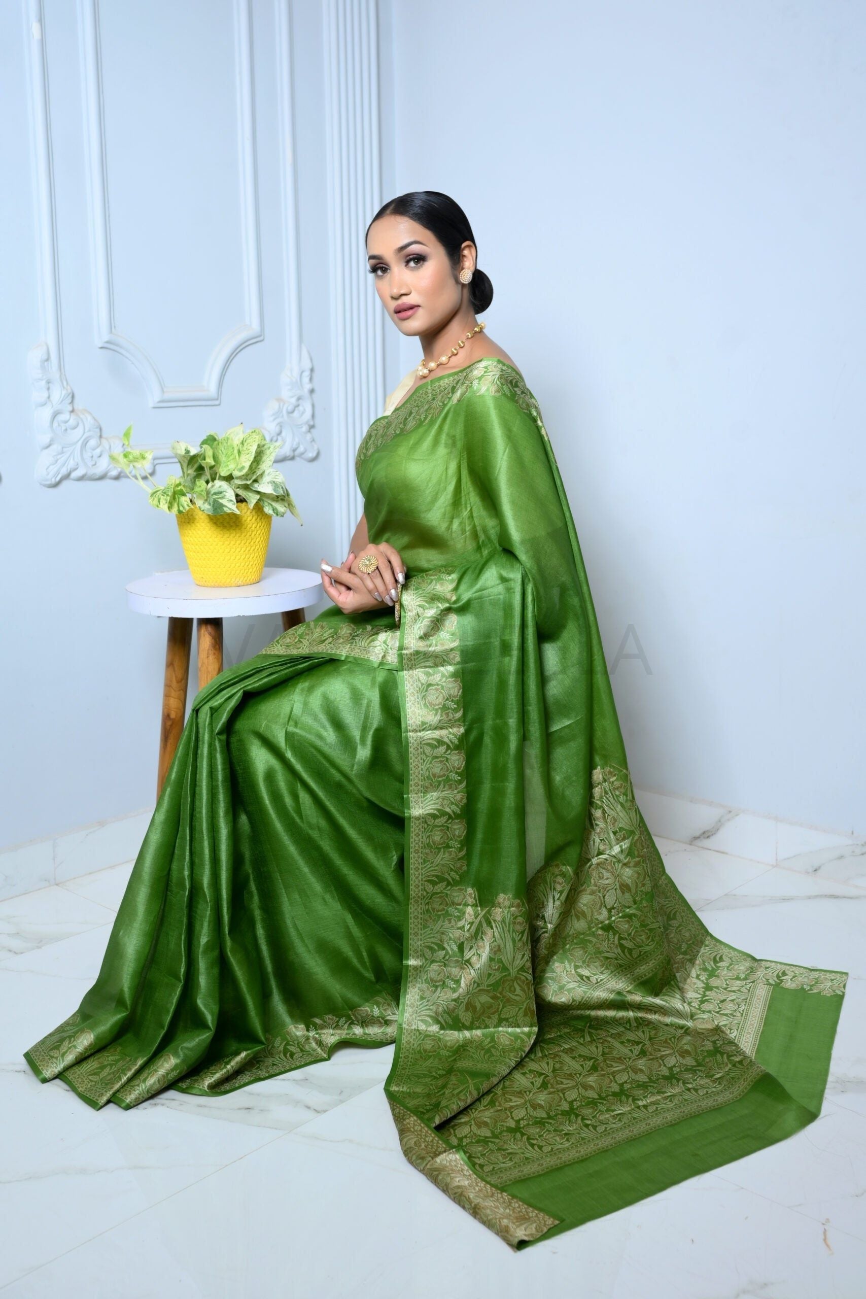 Green Meena Plain Handloom Pure Kosa Silk Saree
