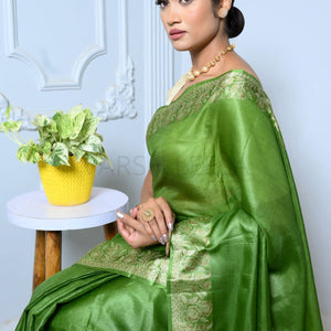 Green Meena Plain Handloom Pure Kosa Silk Saree