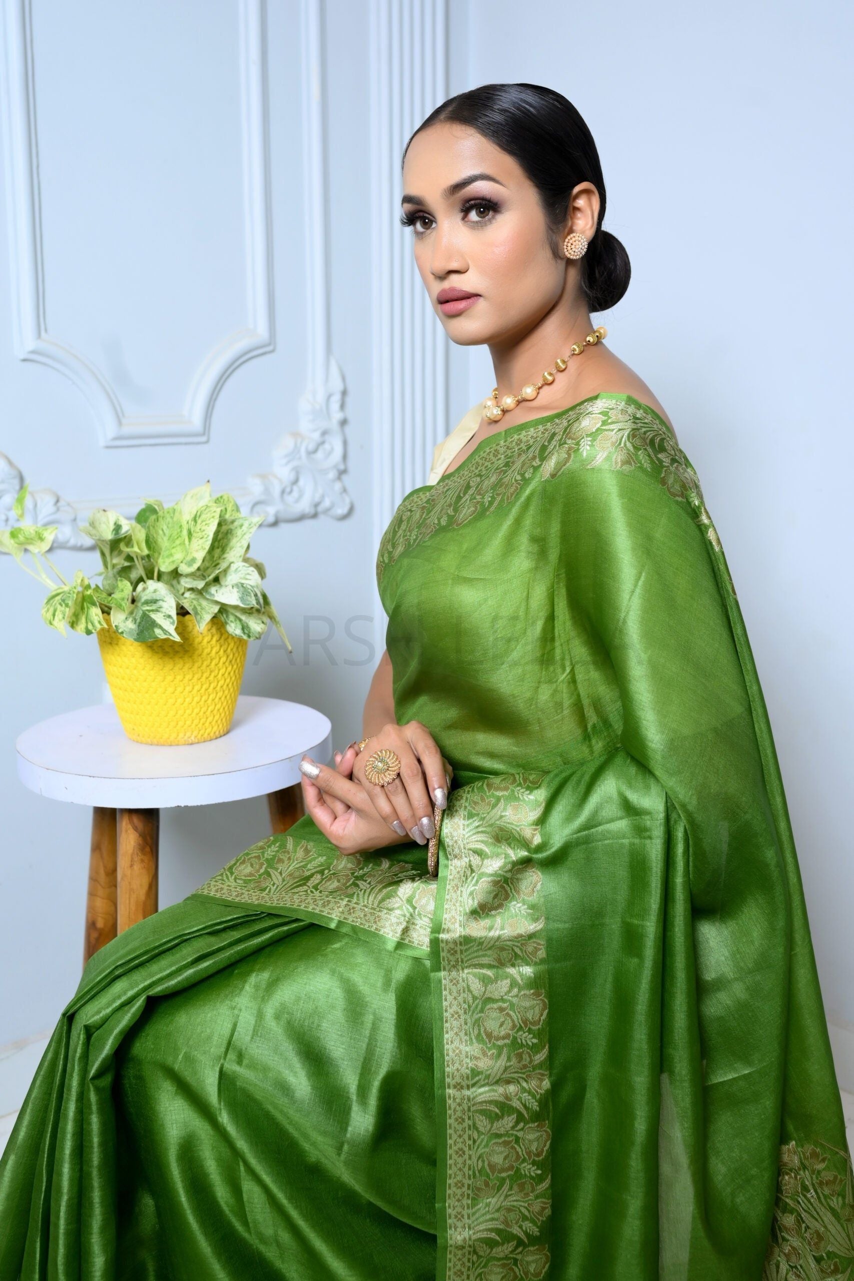 Green Meena Plain Handloom Pure Kosa Silk Saree