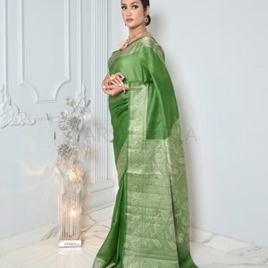 Green Meena Plain Handloom Pure Kosa Silk Saree