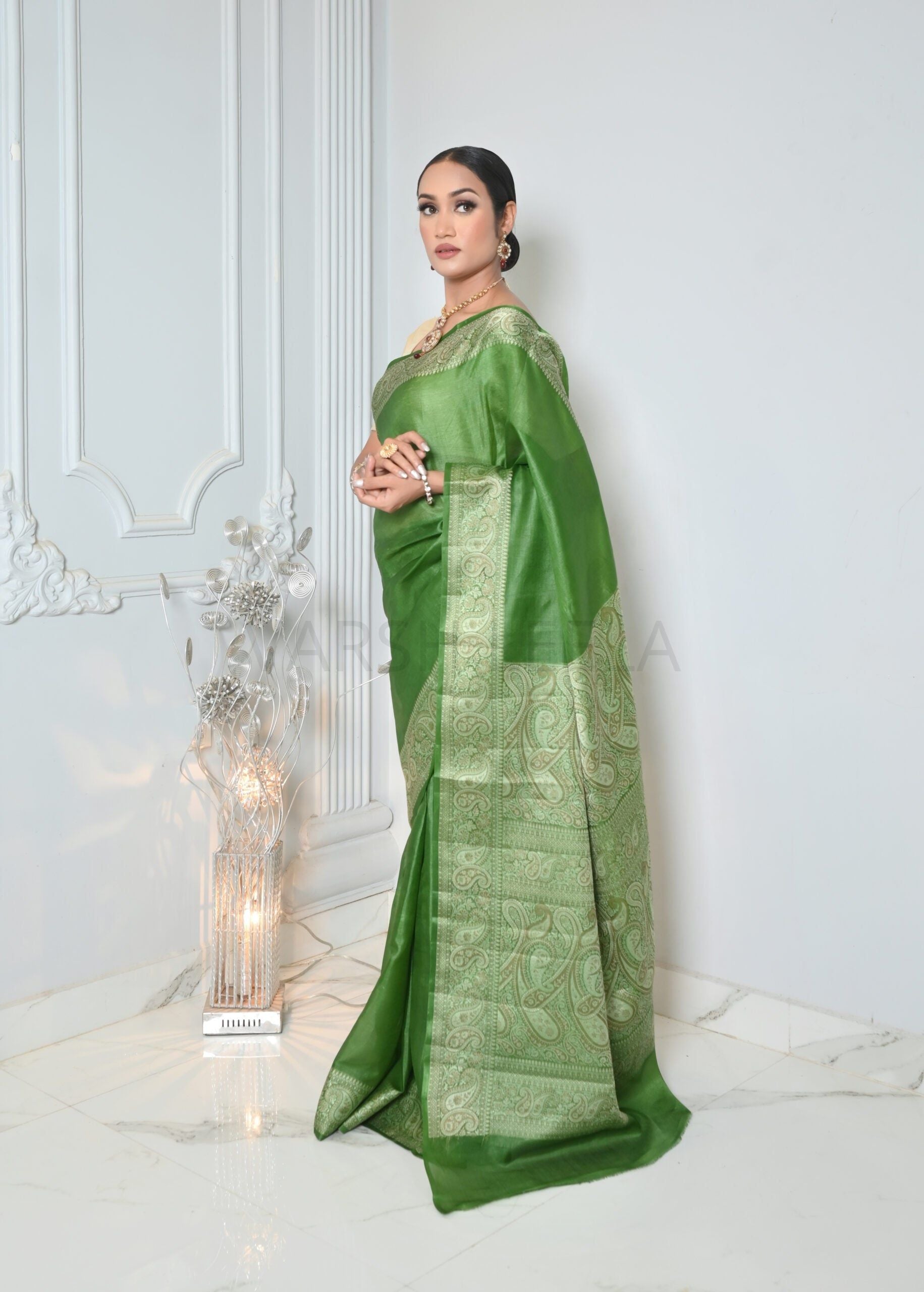 Green Meena Plain Handloom Pure Kosa Silk Saree
