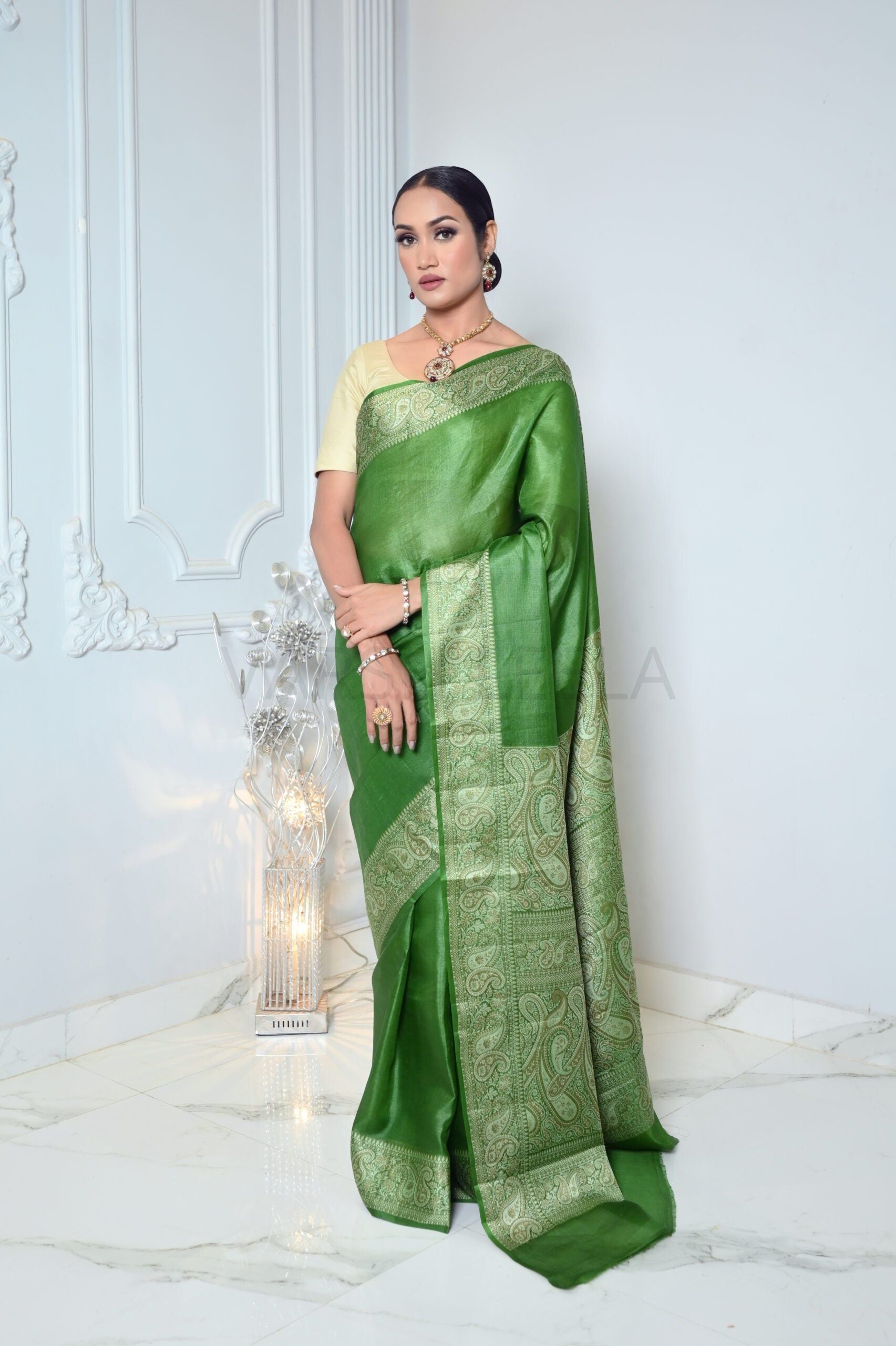 Green Meena Plain Handloom Pure Kosa Silk Saree