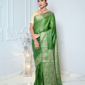 Green Meena Plain Handloom Pure Kosa Silk Saree