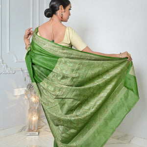 Green Meena Plain Handloom Pure Kosa Silk Saree