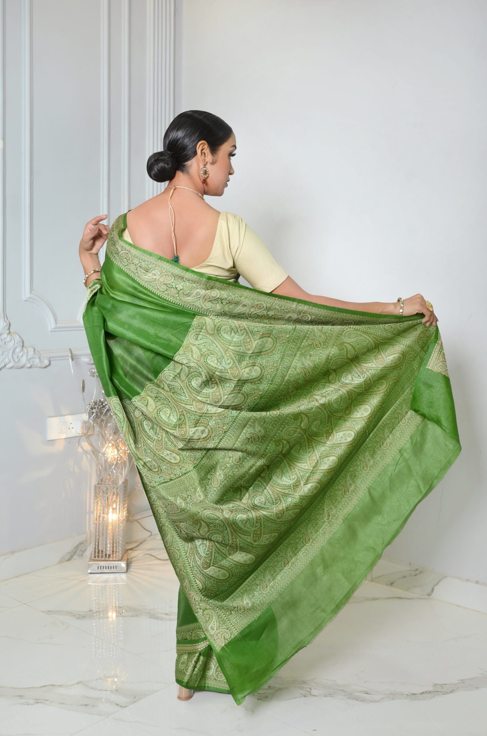 Green Meena Plain Handloom Pure Kosa Silk Saree