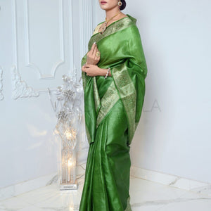 Green Meena Plain Handloom Pure Kosa Silk Saree