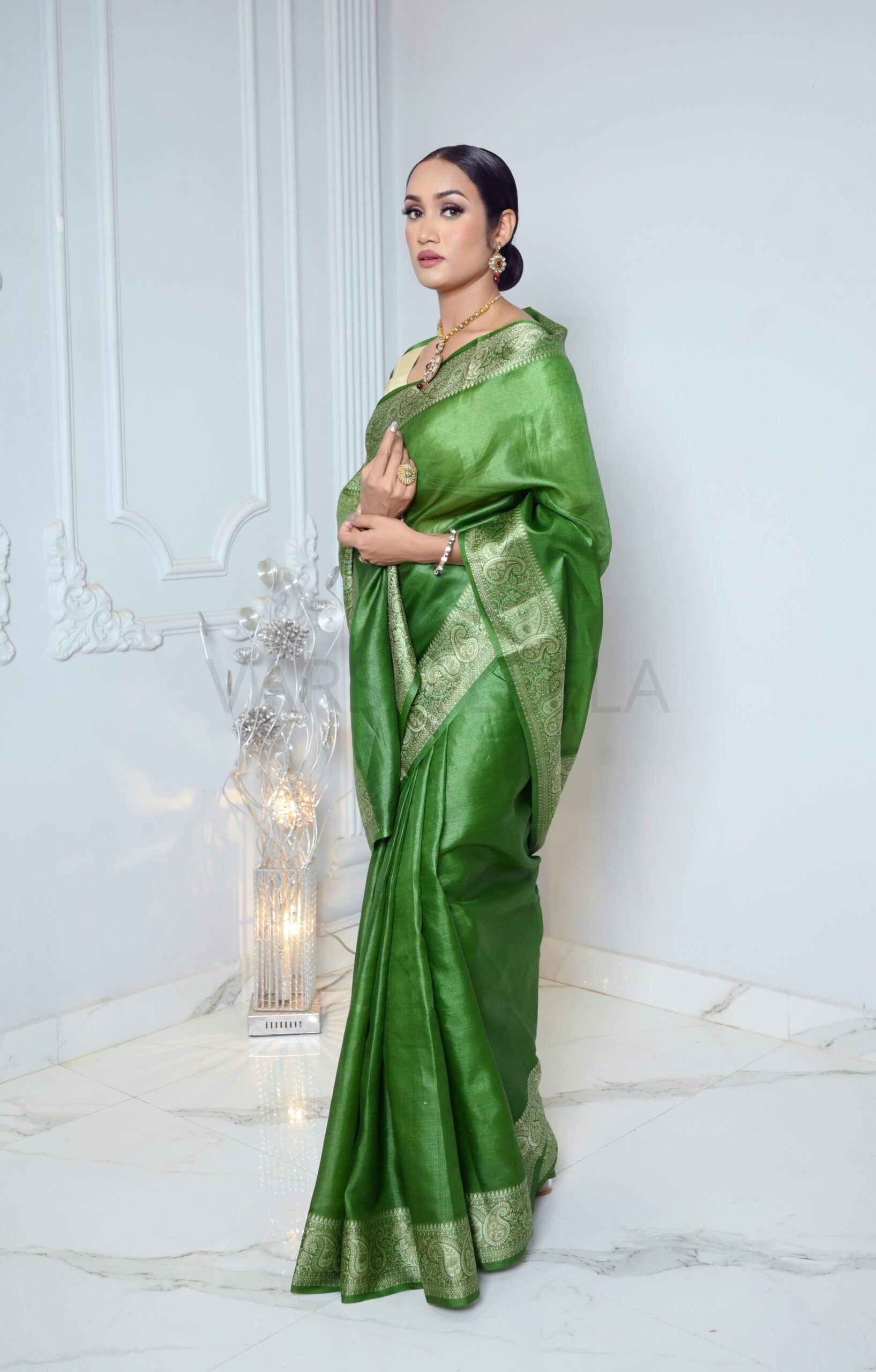 Green Meena Plain Handloom Pure Kosa Silk Saree