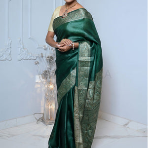 Dark Green Meena Plain Handloom Pure Kosa Silk Saree