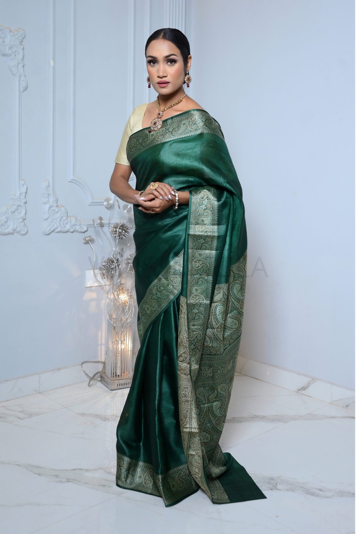 Dark Green Meena Plain Handloom Pure Kosa Silk Saree