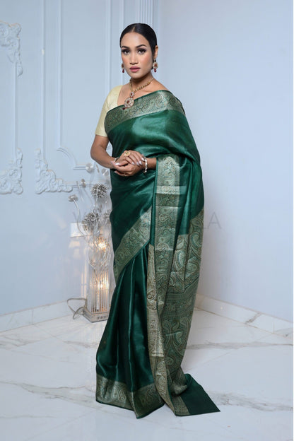 Dark Green Meena Plain Handloom Pure Kosa Silk Saree