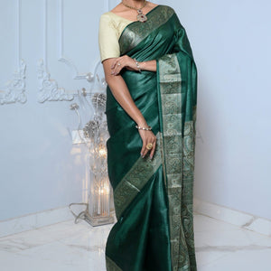 Dark Green Meena Plain Handloom Pure Kosa Silk Saree