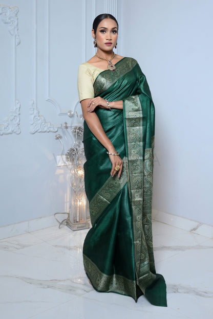 Dark Green Meena Plain Handloom Pure Kosa Silk Saree