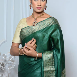 Dark Green Meena Plain Handloom Pure Kosa Silk Saree