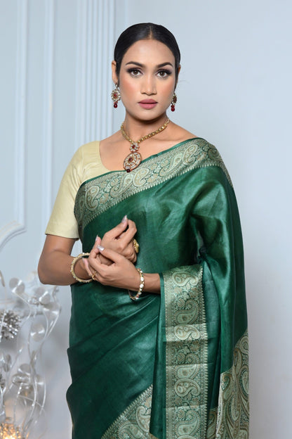 Dark Green Meena Plain Handloom Pure Kosa Silk Saree