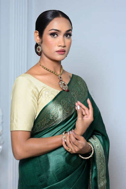 Dark Green Meena Plain Handloom Pure Kosa Silk Saree
