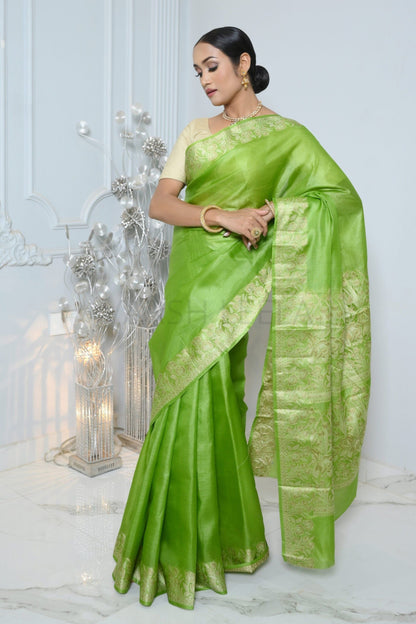 Parrot Green Meena Plain Handloom Pure Kosa Silk Saree