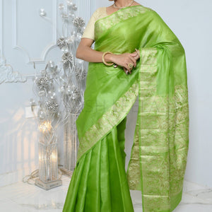Parrot Green Meena Plain Handloom Pure Kosa Silk Saree