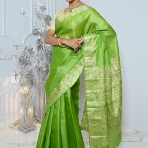 Parrot Green Meena Plain Handloom Pure Kosa Silk Saree