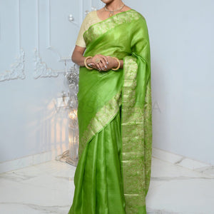 Parrot Green Meena Plain Handloom Pure Kosa Silk Saree