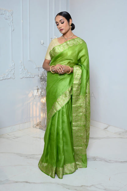 Parrot Green Meena Plain Handloom Pure Kosa Silk Saree