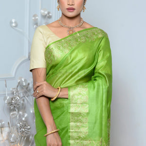 Parrot Green Meena Plain Handloom Pure Kosa Silk Saree