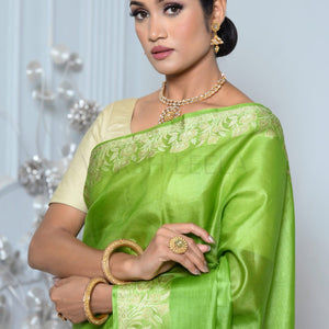 Parrot Green Meena Plain Handloom Pure Kosa Silk Saree