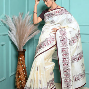 Off White Handloom Pure Kosa Silk Saree with Bastar Embroidery Work