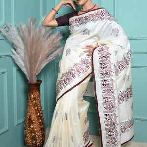 Off White Handloom Pure Kosa Silk Saree with Bastar Embroidery Work