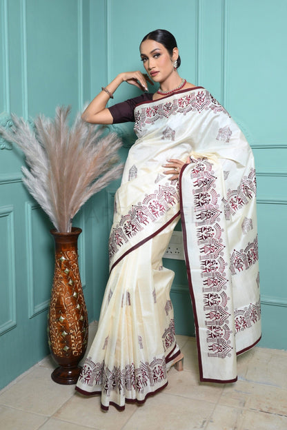Off White Handloom Pure Kosa Silk Saree with Bastar Embroidery Work