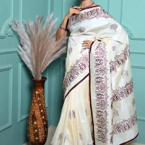 Off White Handloom Pure Kosa Silk Saree with Bastar Embroidery Work