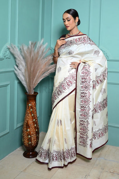 Off White Handloom Pure Kosa Silk Saree with Bastar Embroidery Work