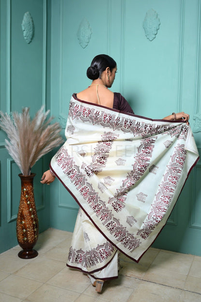 Off White Handloom Pure Kosa Silk Saree with Bastar Embroidery Work